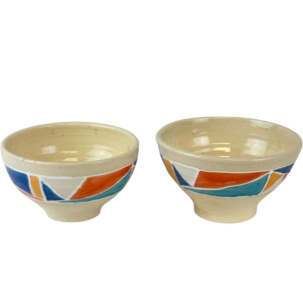 Handmade Ceramic Stoneware Nesting Bowls Colorful Abstract Geometric Design 2003